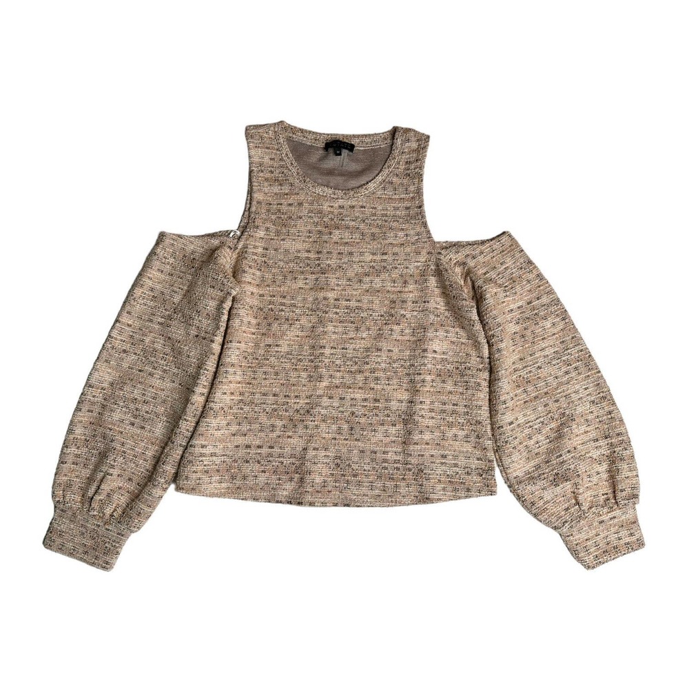 1. STATE Textured Cold Shoulder Long Sleeve Woven Tan Beige Tweed Top Size M